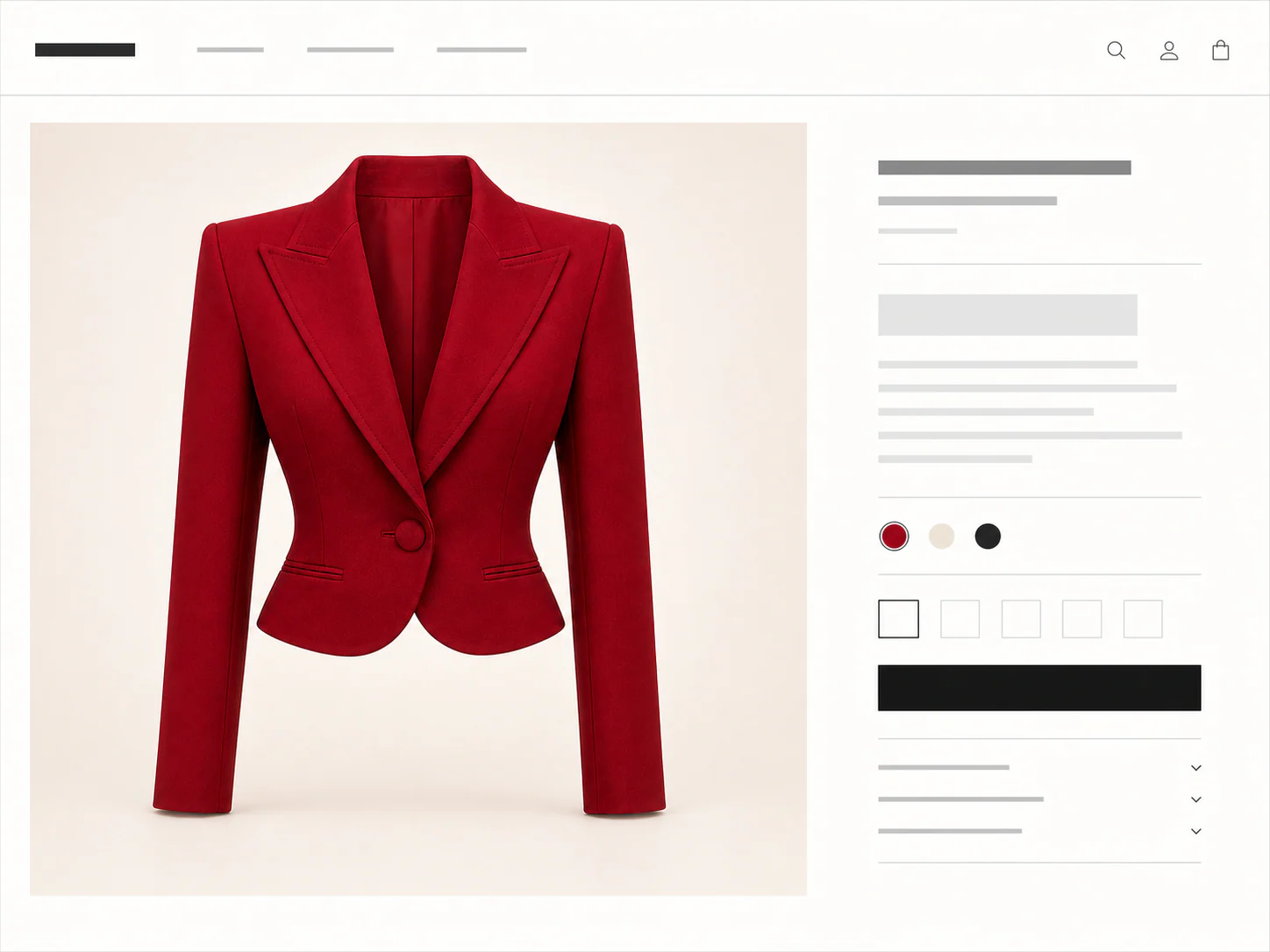 Designer product page showing a sculptural cherry-red blazer