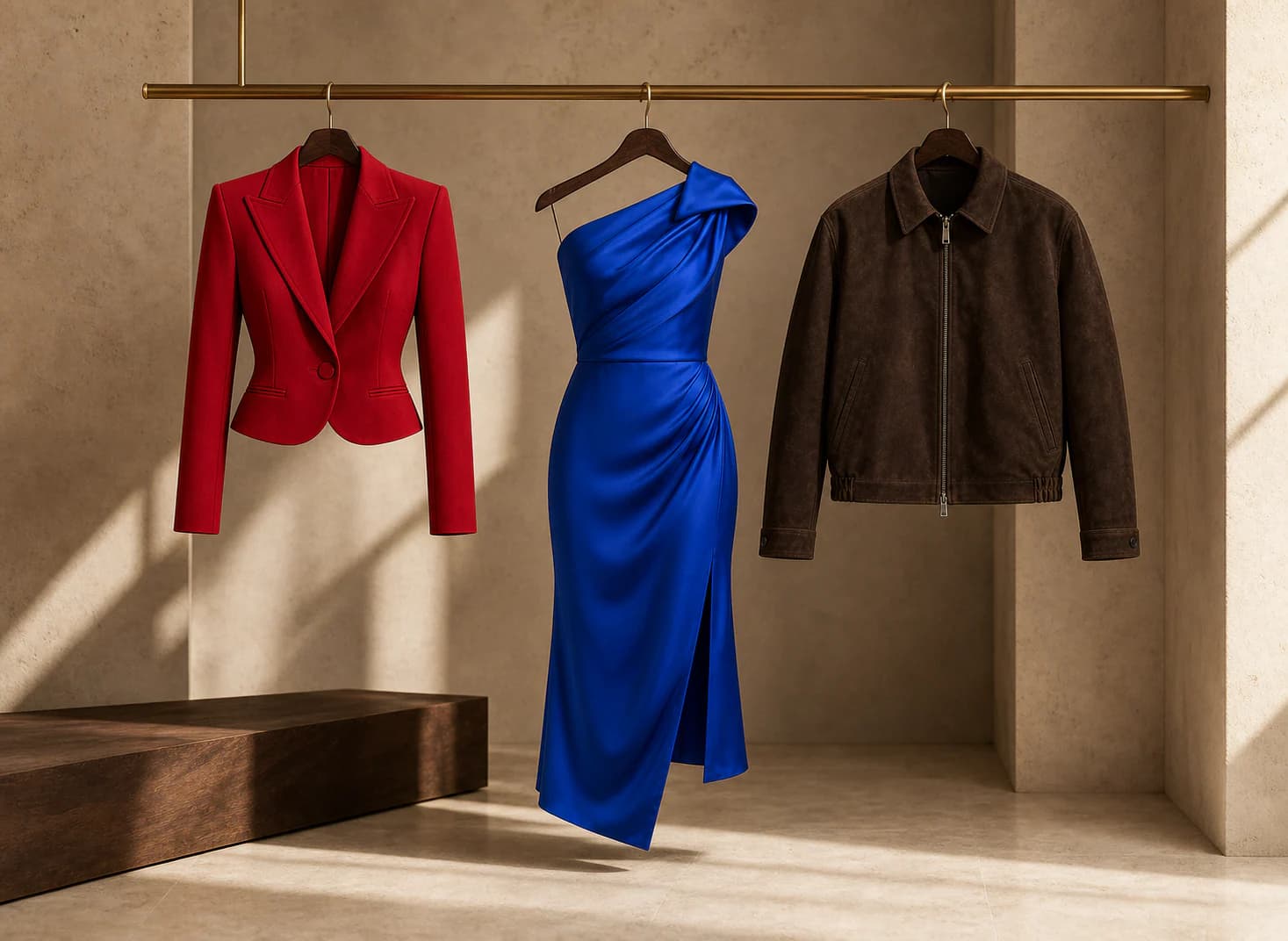 Cherry blazer, cobalt dress, and chocolate suede jacket in a fashion atelier
