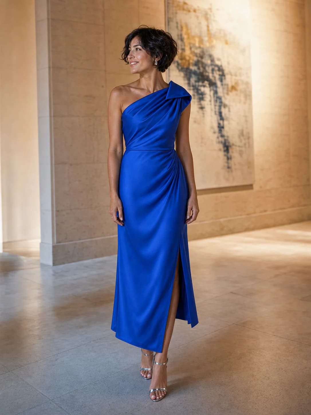 Person wearing a cobalt-blue asymmetric dress as a clothing reference